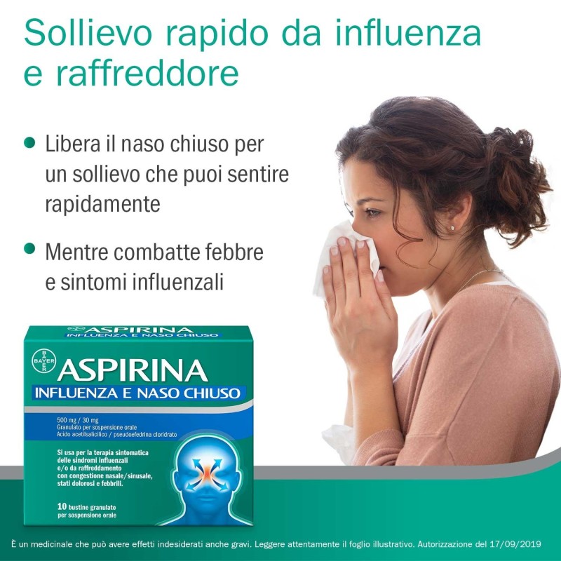 Bayer Aspirina Influenza E Naso Chiuso 500 Mg / 30 Mg Granulato Per Sospensione Orale Acido Acetilsalicilico 500 Mg, Pseudoefedr