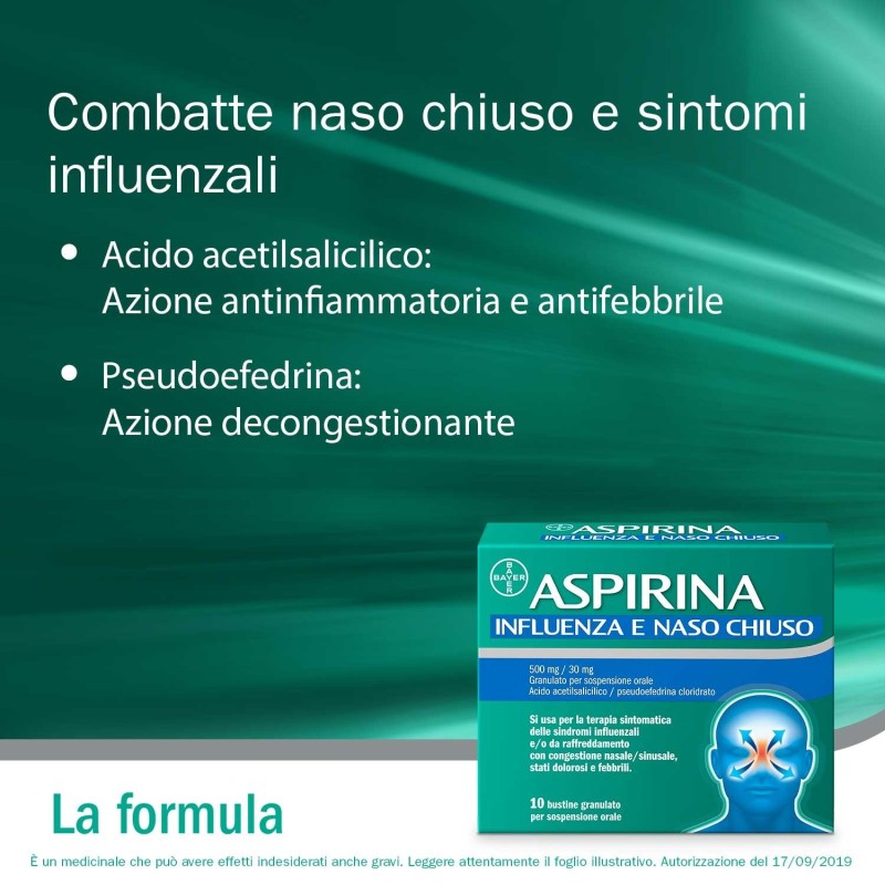 Bayer Aspirina Influenza E Naso Chiuso 500 Mg / 30 Mg Granulato Per Sospensione Orale Acido Acetilsalicilico 500 Mg, Pseudoefedr
