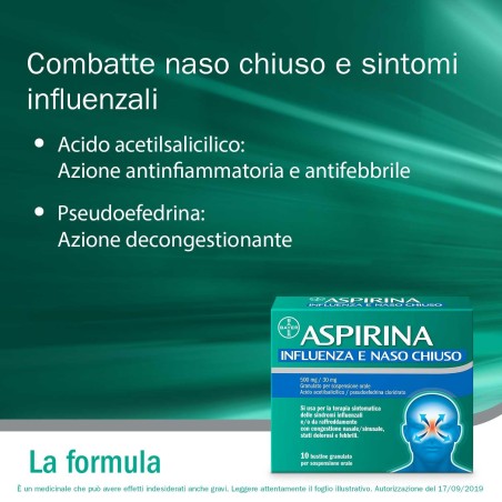 Bayer Aspirina Influenza E Naso Chiuso 500 Mg / 30 Mg Granulato Per Sospensione Orale Acido Acetilsalicilico 500 Mg, Pseudoefedr