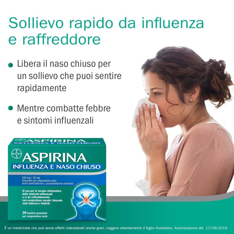 Bayer Aspirina Influenza E Naso Chiuso 500 Mg / 30 Mg Granulato Per Sospensione Orale Acido Acetilsalicilico 500 Mg, Pseudoefedr