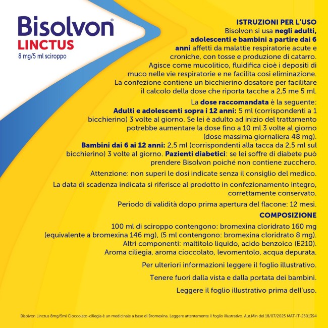 Opella Healthcare Bisolvon Linctus 8 Mg/5 Ml Sciroppo - Gusto Cioccolato-ciliegia Bromexina Cloridrato