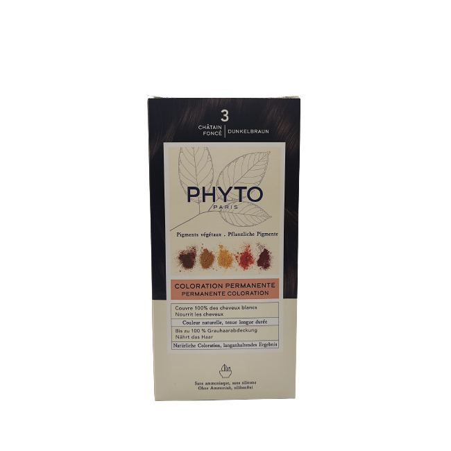 Phyto Color Kit 3 Castano Scuro Latte Rivelatore 50 Ml + Crema Colorante 50 Ml + Maschera Protettiva Colore 12 Ml + Guanti