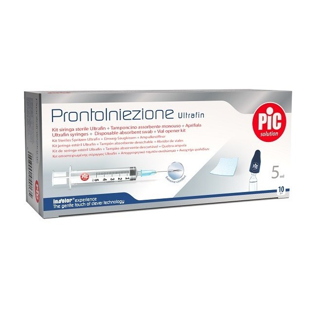 PRONTOINIEZIONE ULTRAFIN KIT SIRINGA STERILE 5 ML GAUGE 23 10 PEZZI + TAMPONCINO ASSORBENTE MONOUSO + APRIFIALA