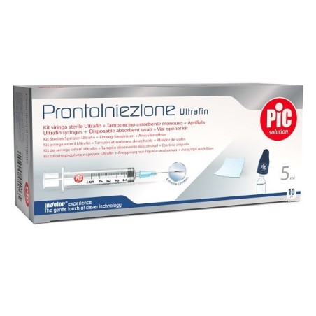 PRONTOINIEZIONE ULTRAFIN KIT SIRINGA STERILE 5 ML GAUGE 23 10 PEZZI + TAMPONCINO ASSORBENTE MONOUSO + APRIFIALA